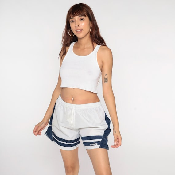Vintage Diadora Soccer Shorts 90s Nylon Gym White Navy Blue Running Track Shorts Athletic 1990s Drawstring Waist Embroidered Logo Large L