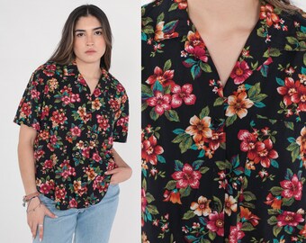 Tropical Floral Blouse 90s Black Hawaiian Shirt Button Up Top Retro Summer Short Sleeve Flower Leaf Print Casual Boho 1990s Vintage Medium M