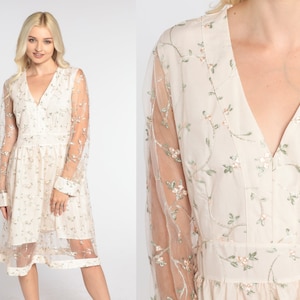 Bloemen mini-jurk Y2k feestjurk crème geborduurde bloem lange pure mouw babydoll cocktail hoog getailleerde V-hals vintage jaren 00 medium 8