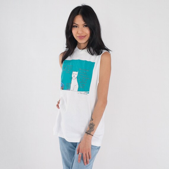 Evil Cat Shirt 90s Funny Tank Top Nicole Hollander Comic Cartoon Graphic Muscle Tee Kitty Joke Single Stitch White Vintage 1990s Medium M