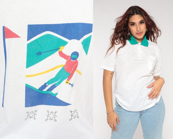 Ski Polo Shirt 90s White Collared Shirt Winter Skier Skiing Snow Sports Graphic Short Sleeve Retro Preppy Pocket Vintage 1990s Medium M
