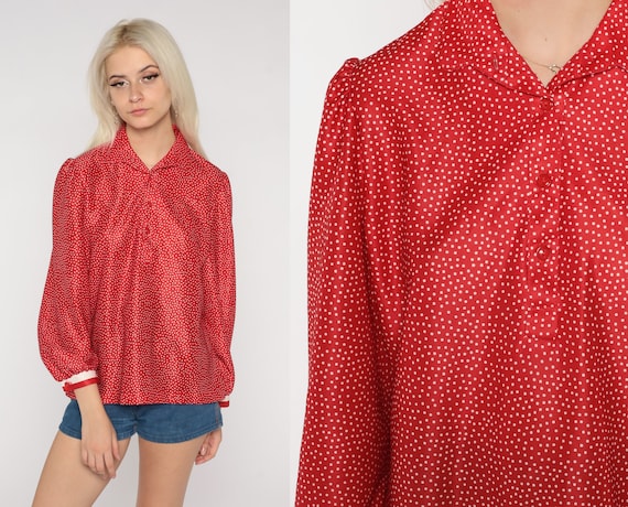 Polka Dot Blouse Red 70s Top Long Sleeve Button U… - image 1