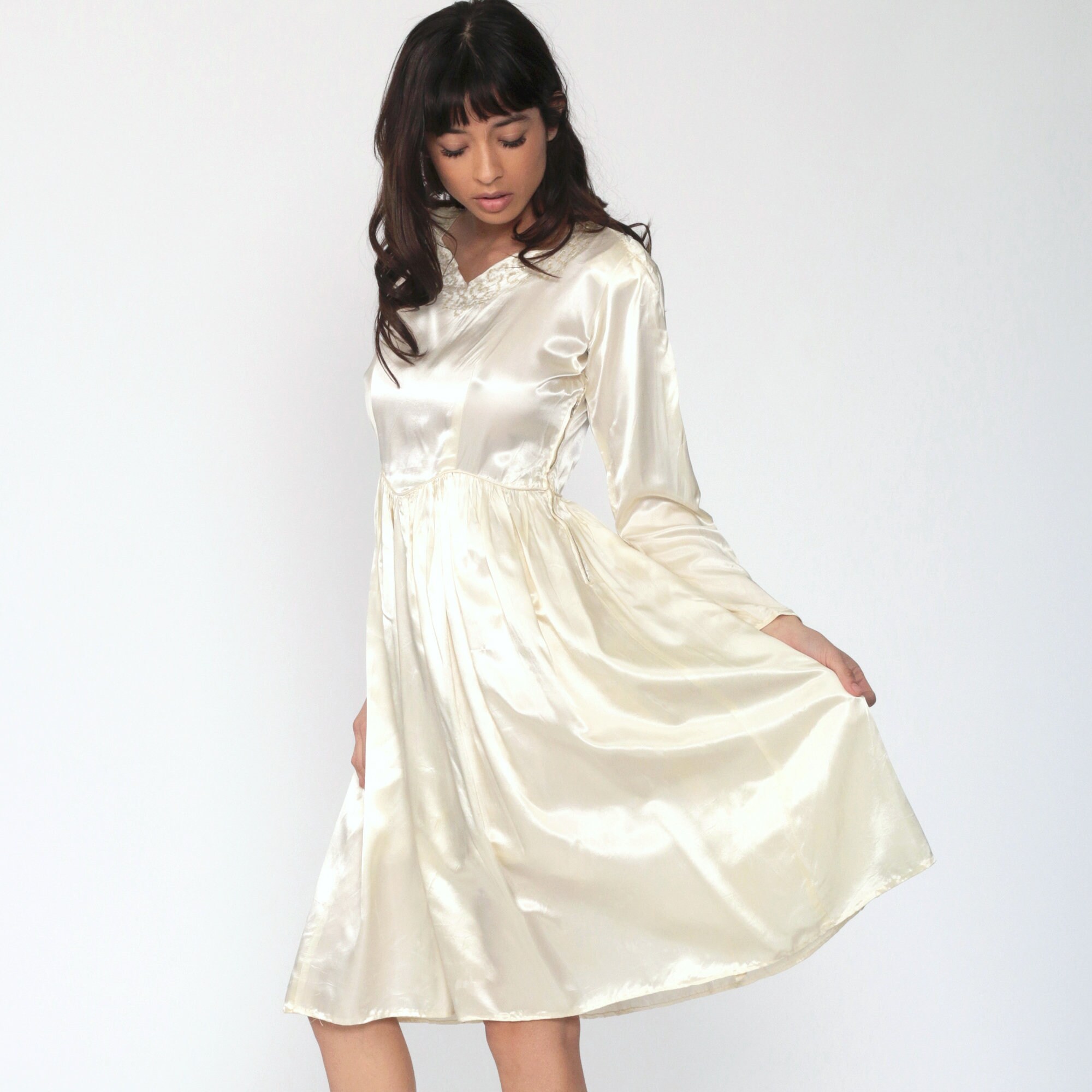 Satin Party Dress 1960s Off-White Midi Dress Cream Puff Sleeve Dress Prom Dress Sequin Mad Men 