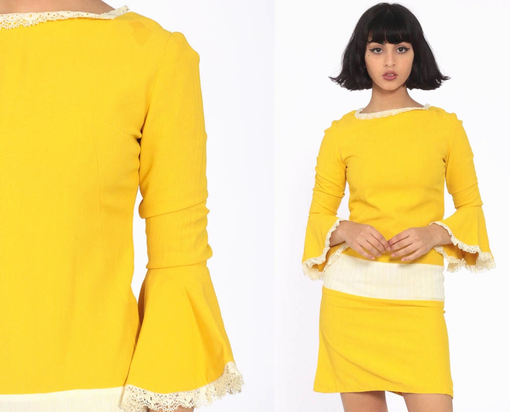 Vintage 60/'s Mod Yellow Dress with Edwardian Sleeves