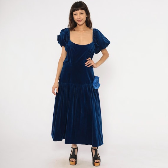 80s Velvet Gown Bianchi Puff Sleeve Drop Waist Maxi Dress Blue Rosette Detail Gathered Skirt Formal Evening Party Cocktail Vintage Large L