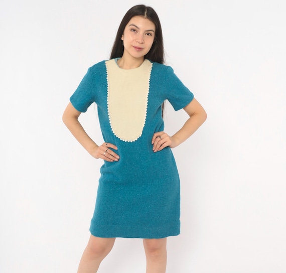 60s Teal Wool Shift Dress Cream Bib Front Lace Trim Short Sleeve Knee Length A Line Blue Tweed Modvory Panel Vintage Space Age Small S