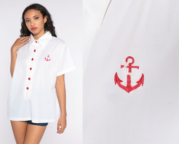 70s Nautical Shirt White Anchor Shirt 70s Blouse Dagger Collar 1970s Button Up Novelty Vintage Sailor Short Sleeve Extra Large Xl
