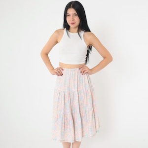 Vintage Pastel Floral Skirt 80s Tiered Peasant High Waist Boho Hippie Summer Midi Flowy Bohemian 1980s Festival Pink Blue Small xs