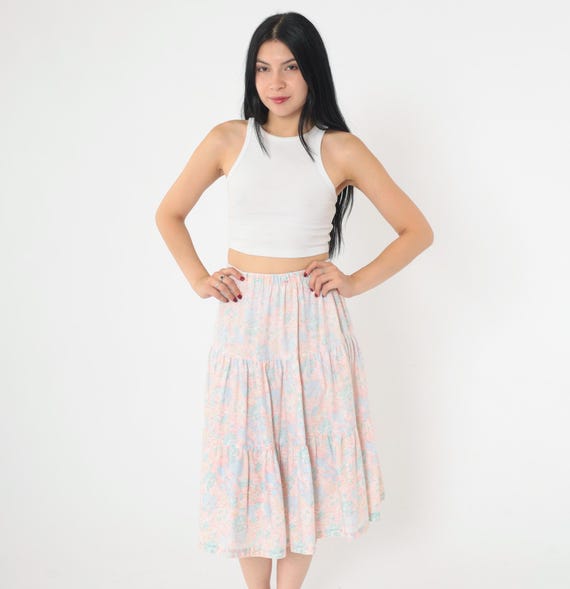 Vintage Pastel Floral Skirt 80s Tiered Peasant High Waist Boho Hippie Summer Midi Flowy Bohemian 1980s Festival Pink Blue Small xs