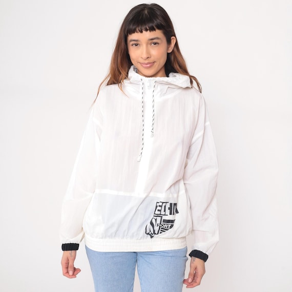 90s White Windbreaker Hooded Zip Front Jacket Black Trim Athletic Sport Vintage Hip Length Sporty Outdoor Casual Streetwear Running Small S