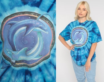 90s Dolphin Shirt Blue Tie Dye Under The Sea Shirt Graphic Tshirt Spiritual T Shirt 90s Print Top Galactic Shirt Hippie Vintage Medium