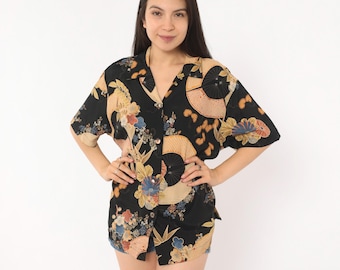 90s Japanese Fan Shirt Black Floral Camp Collar Blouse Gold Blue Bamboo Flower Short Sleeve Rayon Top Relaxed Fit Tropical Summer Large L
