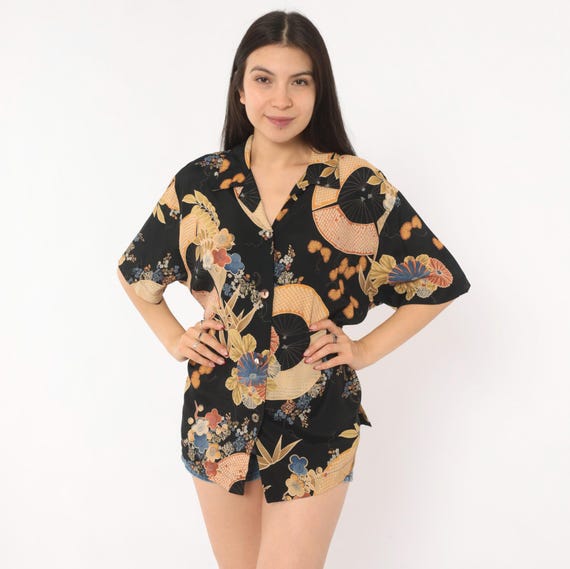 90s Japanese Fan Shirt Black Floral Camp Collar Blouse Gold Blue Bamboo Flower Short Sleeve Rayon Top Relaxed Fit Tropical Summer Large L