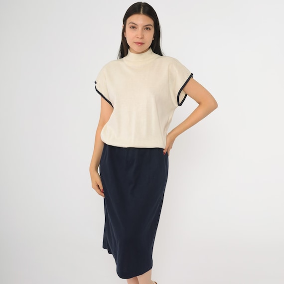 Vintage 80s Wool Blend Sweater Dress Cream Navy Blue Mock Neck High Elastic Waist Short Dolman Sleeve 1980s Medium Large 10/12
