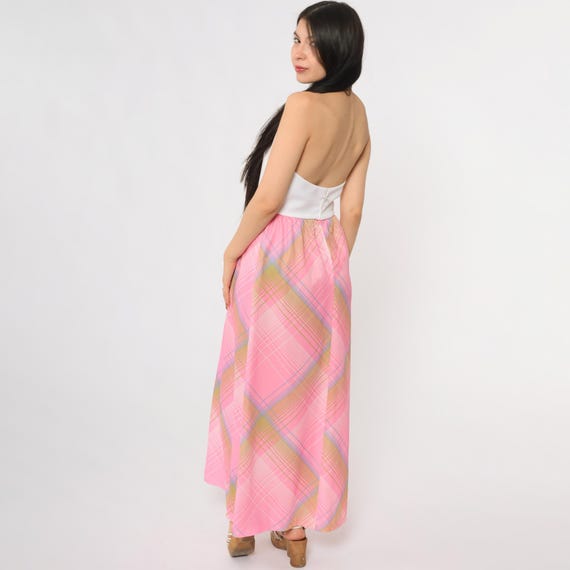 70s Halter Maxi Disco Dress Pink Plaid White Turtleneck Twiggy Style Mod Vintage Colorblock Geometric Space Age Psychedelic Trippy Small S