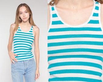 Striped Tank Top 90s Blue White Ribbed Tee Sleeveless Shirt Casual Tight Fitted Simple Basic Racerback Vintage 1990s Extra Small XS S M