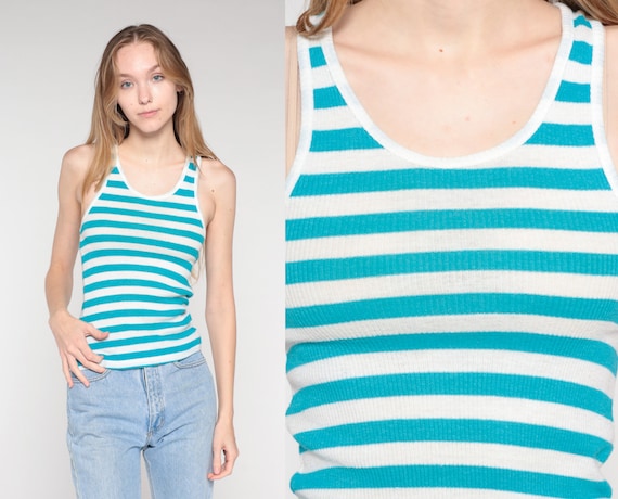 Striped Tank Top 90s Blue White Ribbed Tee Sleeveless Shirt Casual Tight Fitted Simple Basic Racerback Vintage 1990s Extra Small XS S M