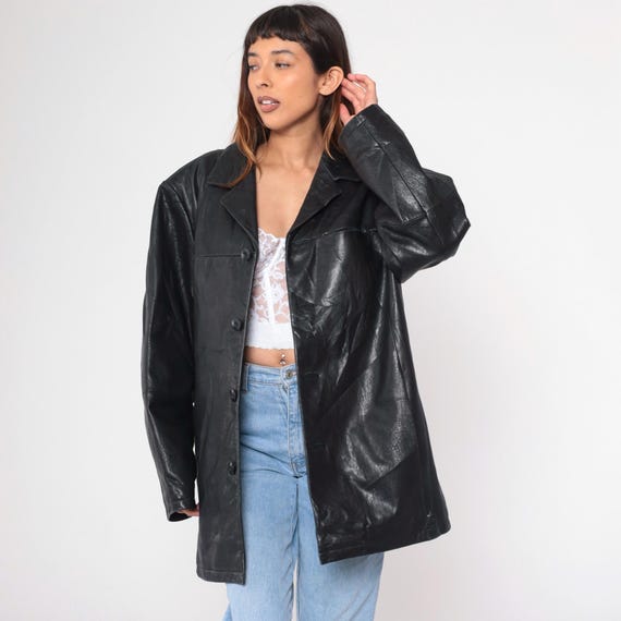 Vintage 90s Wilsons Black Leather Jacket Thinsulate Oversized Button Front Boxy Fit Minimalist Moto Coat 1990s Men's Extra Large xl