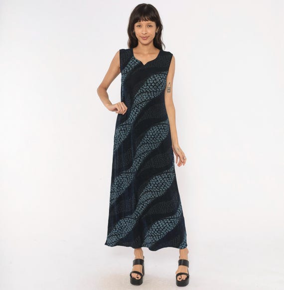 90s Diagonal Stripe Maxi Dress Black Blue Leopard Sleeveless V Neck Animal Pattern Pullover Summer Mob Wife Vintage Gown Extra Large XL