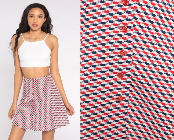 Plaid Mini Skirt 60s 70s Mod Red White Blue High Waisted Button Up Checkered Retro 1960s Preppy Vintage Flared Miniskirt Extra Small XS