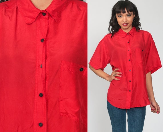 Red Silk Shirt Button Up Shirt 90s Short Sleeve Bl
