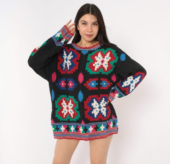 90s Southwestern Sweater Beaded Knit Pullover Black Red Green Blue Colorful Patchwork Quilt Pattern Long Sleeve Ramie Hunter's Run Small S