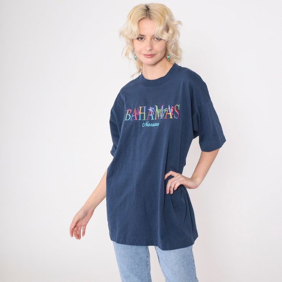 90s Nassau Bahamas T-Shirt Embroidered Graphic Tee Dolphin Palm Tree Shirt Tropical Vacation Travel Navy Blue Vintage 1990s Extra Large xl