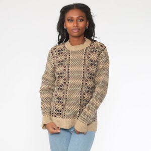 Tan Wool Sweater Fair Isle Sweater 80s Sweater Boho Nordic Ski Bohemian Knit Sweater Snowflake Ski Sweater Pullover Small Medium