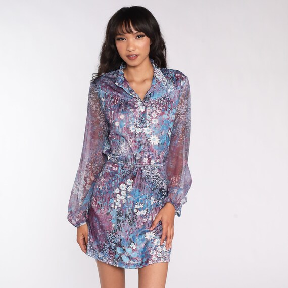 70s Floral Dress Purple Sheer Chiffon Sleeve Mini… - image 2