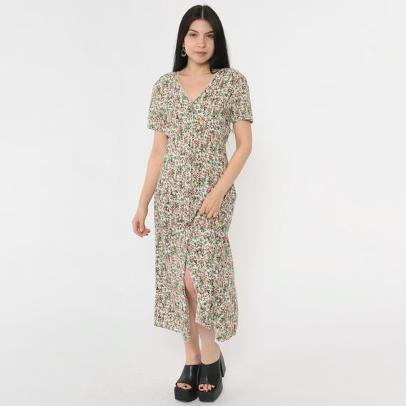 Vintage 90s White Floral Dress Short Sleeve Midi Dress Button up Day Dress V Neck Retro Grunge Hippie Summer Casual 1990s Small S