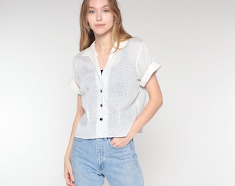 Polka Dot Blouse 70s Button Up Shirt White Black Collared Top Retro Preppy Secretary Blouse Short Sleeve Seventies Vintage 1970s Large L