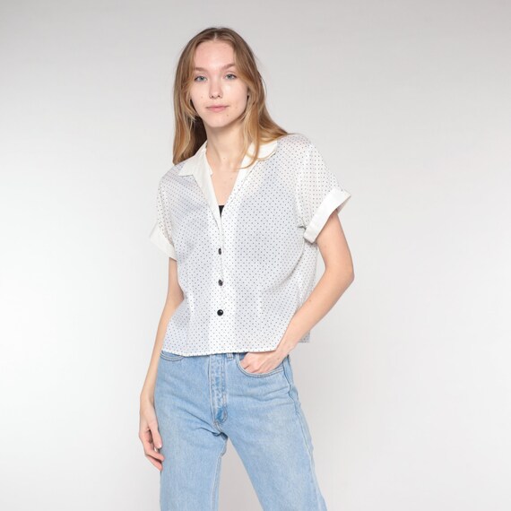Polka Dot Blouse 70s Button Up Shirt White Black Collared Top Retro Preppy Secretary Blouse Short Sleeve Seventies Vintage 1970s Large L