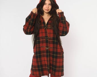 70s Red Plaid Wool Duffle Coat Hooded Toggle Front Black Tartan Lumberjack Jacket Mens Womens Winter Overcoat Grunge Vintage Large L