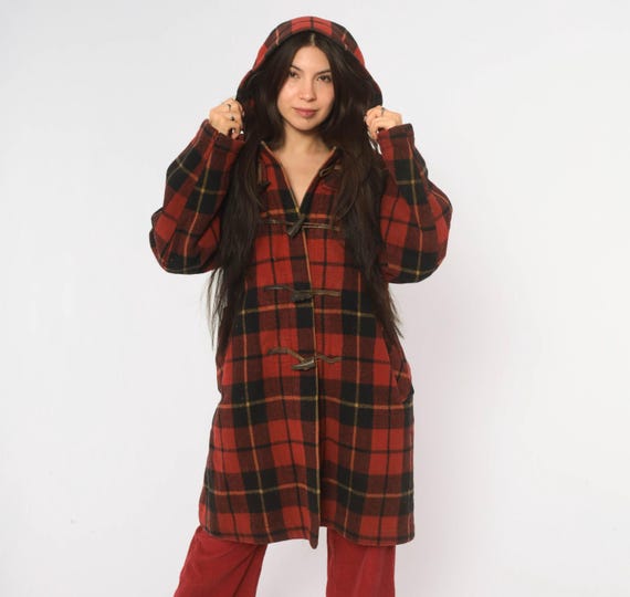 70s Red Plaid Wool Duffle Coat Hooded Toggle Front Black Tartan Lumberjack Jacket Mens Womens Winter Overcoat Grunge Vintage Large L