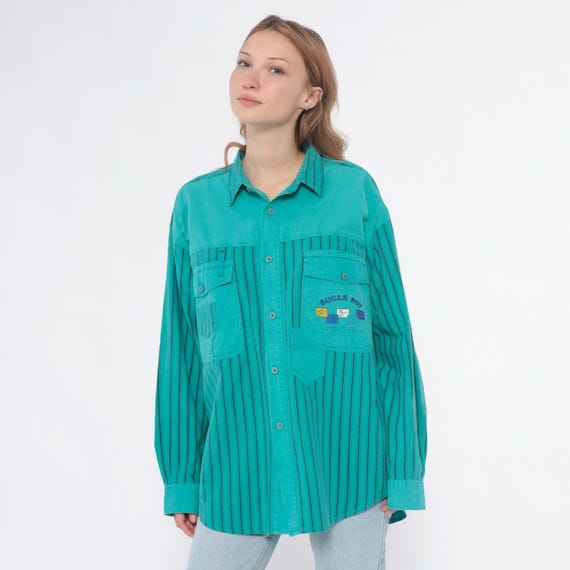 Bugle Boy Striped Shirt 90s Turquoise Teal Aqua Cotton Button Front Long Sleeve Collared Two Chest Pockets Vintage Normcore Menswear Large L