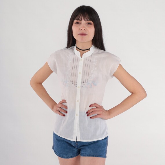 White Cut Out Top 70s 80s Floral Embroidered Blouse Semi-Sheer Cutwork Blouse Button Up Shirt Cutout Bohemian Cap Sleeve Vintage 1970s XS