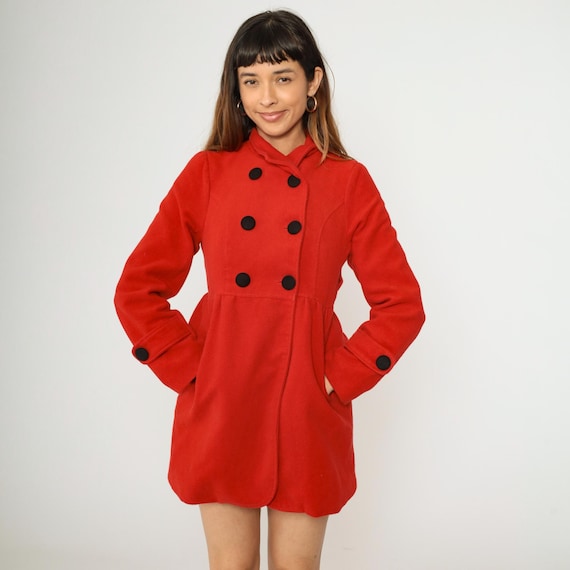 Red Peacoat Y2K Double Breasted Jacket Button Up Princess Style Fit and Flare Pea Coat Winter Coat Vintage 00s 2xs xxs