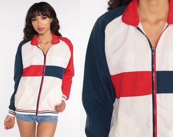 Striped Windbreaker Jacket 80s Red White Blue COLOR BLOCK Zip Up Jacket Vintage Zip Up Jacket Raglan Sleeve 1980s Extra Small xs s