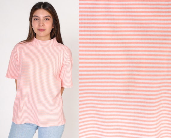 90s Striped Shirt Salmon Pink White T-Shirt Mock … - image 1