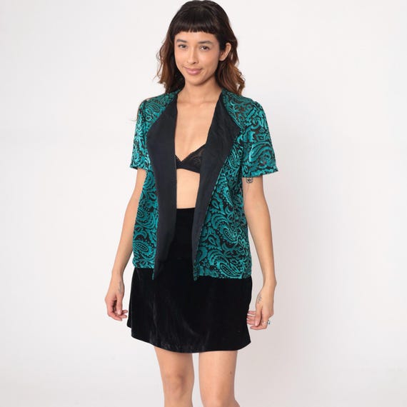 Turquoise Paisley Cardigan 90s Teal Black Trim Open Front Short Sleeve Vintage Jacket Textured Going Out Club Wear Party Top Cover Medium M