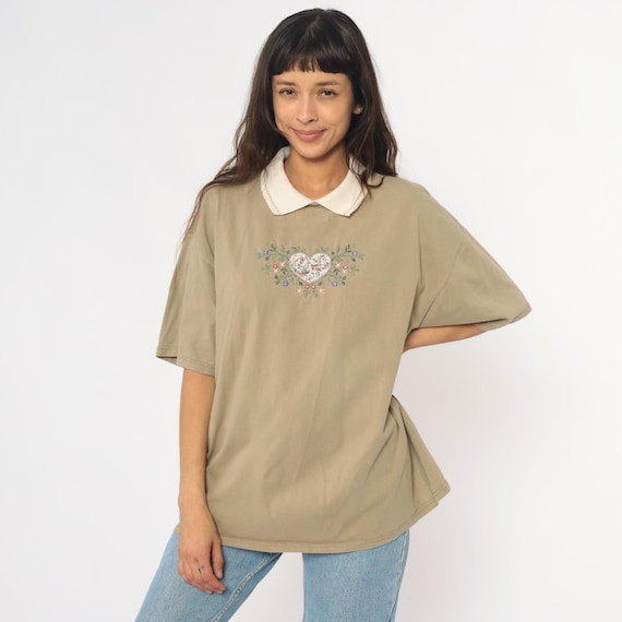 Embroidered Heart Polo Shirt 90s Cotton Beige Tan Khaki Floral Peter Pan Collar Cottagecore Fairycore Vintage Preppy Nerdcore Extra Large XL