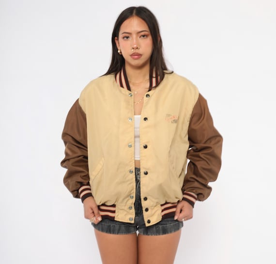 80s Varsity Bomber DeLong Sportswear Tan Brown Striped Rib Trim Baseball Windbreaker Collegiate Letterman Sand Camel Khaki Extra Large XL