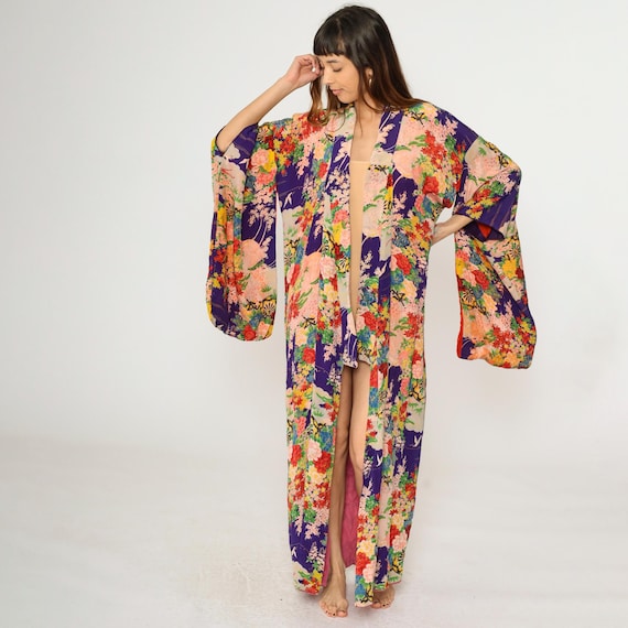 70s Floral Kimono Purple Crane Bird Silk Robe Open Front Jacket Maxi Japanese Asian Flower Bird Housecoat Boho Vintage 1970s OS S M L