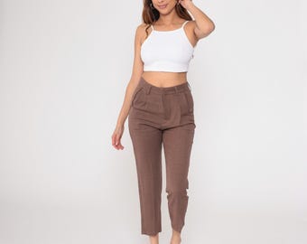 Y2K High Waisted Brown Cropped Pants Pleated Straight Leg Tailored Trousers Tan Office Professional Minimalist 90s Style Vintage Medium M