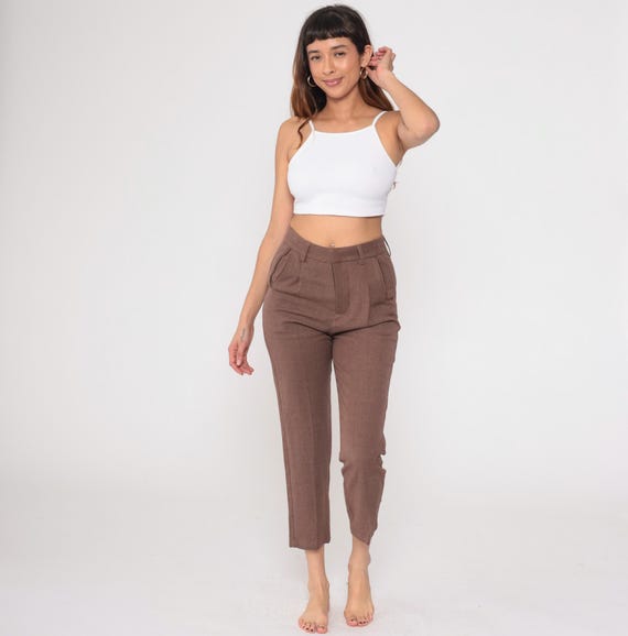 Y2K High Waisted Brown Cropped Pants Pleated Straight Leg Tailored Trousers Tan Office Professional Minimalist 90s Style Vintage Medium M