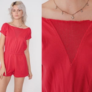 Cherry Red Romper 80s Playsuit Boatneck One Piece Jumpsuit Mesh Short Sleeve Shorts Summer High Waist Mini Dress Cotton Vintage 1980s Medium image 1