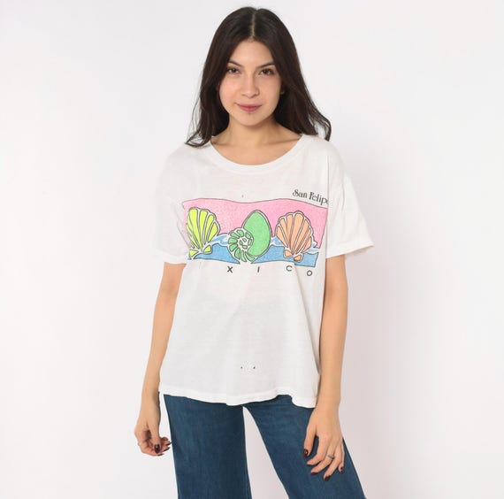 90s San Felipe Mexico Souvenir Tee White Cotton Neon Shell Graphic Boxy Short Sleeve Nautical Beach Vacation Tourist Shirt Vintage Medium M