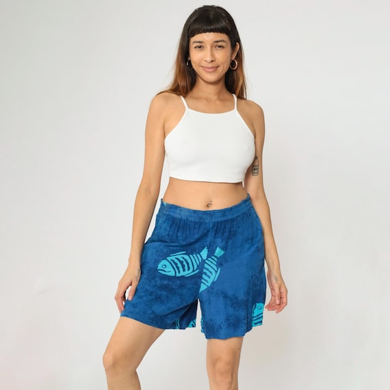 Vintage Blue Tie Dye Shorts Tropical Fish Print Elastic Waist Relaxed Fit Resortwear Beach Rayon Bali Boho Medium M