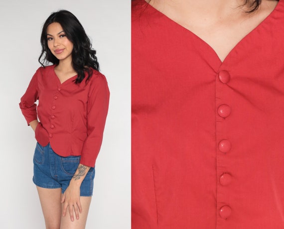 Red Button Up Shirt 70s Cotton Blend Blouse Hippie Boho V Neck Shirt 1970s Shirt Vintage Collarless Casual Long 3/4 Sleeve Small S