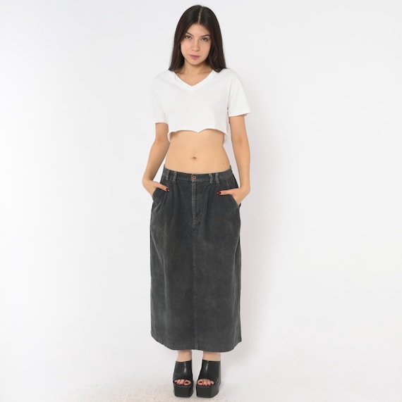 Charcoal Corduroy Skirt 80s Pleated Front Midi Grey Cotton Pencil Column Straight Cord Long Elastic Back Dark Academia Vintage Maxi Small S
